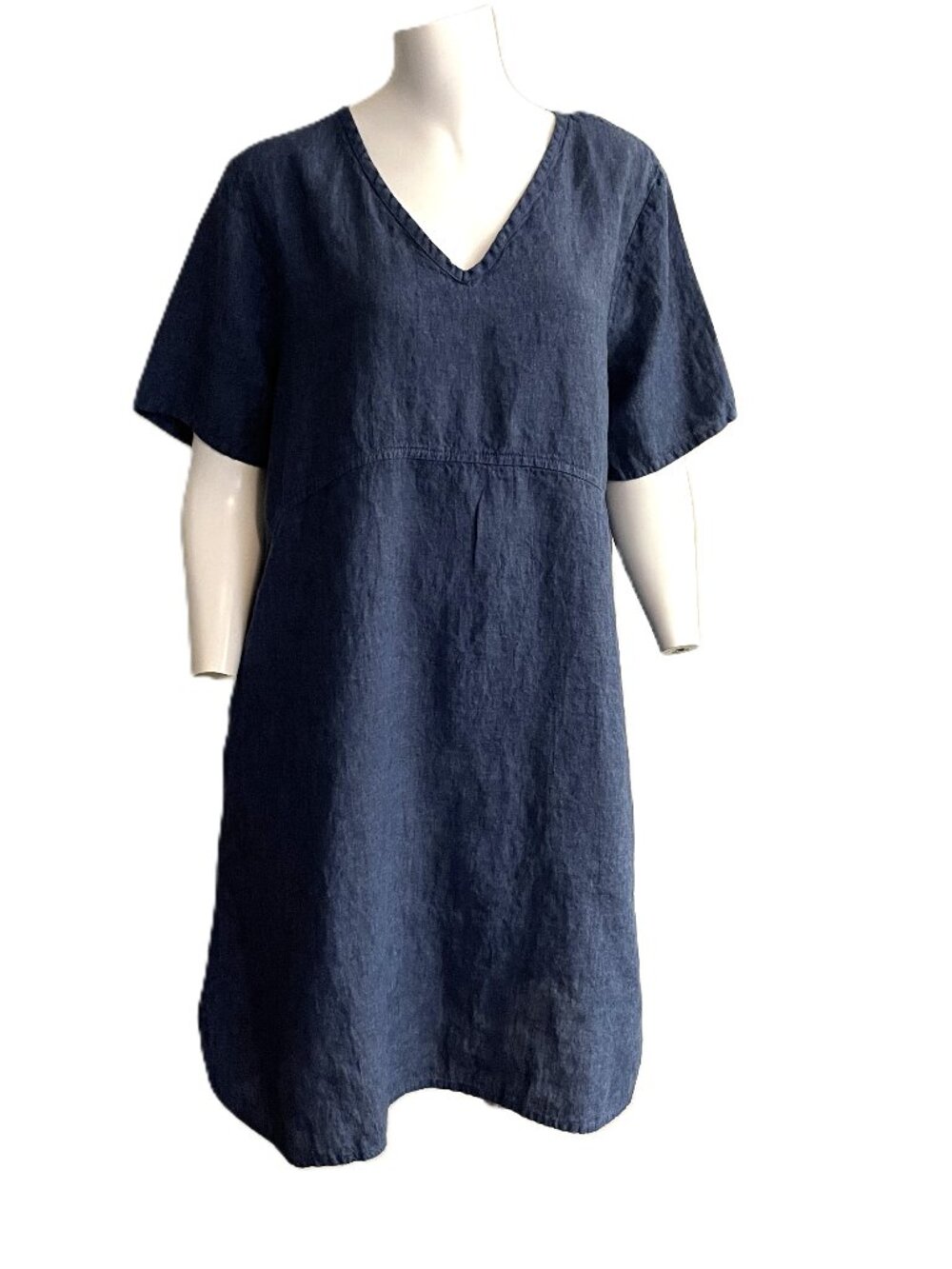 FLAX 100% Linen Dress Medium (10-14) Navy Blue Lagenlook Pockets Pullover V-Neck